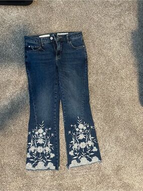 Pilcro Indigo Flare Jeans with White Floral Embroidery